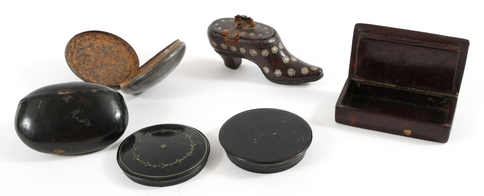 SNUFF BOXES - LOT OF 5: SNUFF BOXES - LOT OF 5 Lot of five mixed snuff boxes to include leather shoe, wood lacquer, and metal canisters. Size: Largest; 4.25"