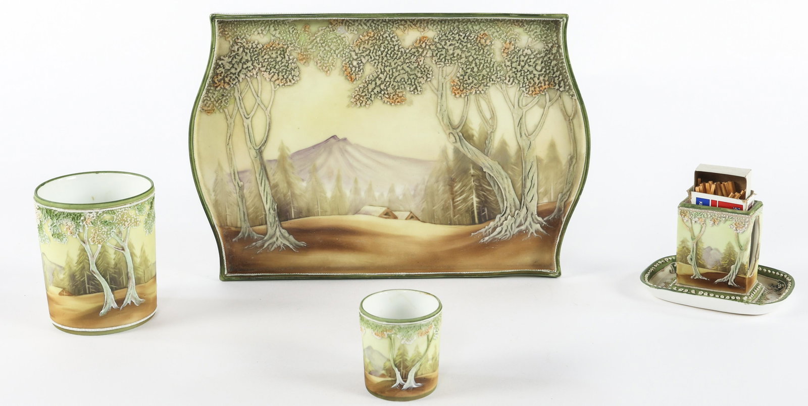 NIPPON HAND PAINTED 4 PC SMOKING SET: NIPPON HAND PAINTED 4 PC SMOKING SET Four piece Nippon hand painted pale green low relief smoking set. Includes: 10 x 7" Serving tray 3 x 3" Cigarette cup 2 x 1" Discard match cup 3 x