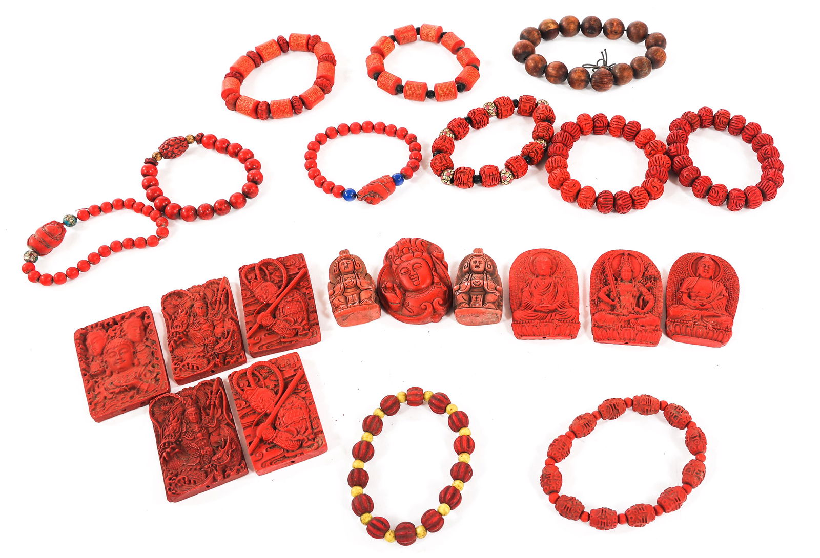 CHINESE CARVED CINNABAR AND WOOD BRACELETS AND PENDANTS (1 of 5)