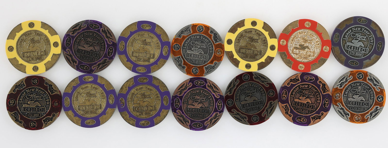 HOLLYWOOD PARK CASINO CALIFORNIA LUNAR YEAR CHIPS: HOLLYWOOD PARK CASINO CALIFORNIA LUNAR YEAR CHIPS Inglewood, California Hollywood Park Casino chips commemorating the New Lunar Year, circa 1980's-1990's. To include Ox, Rabbit, and Tiger in