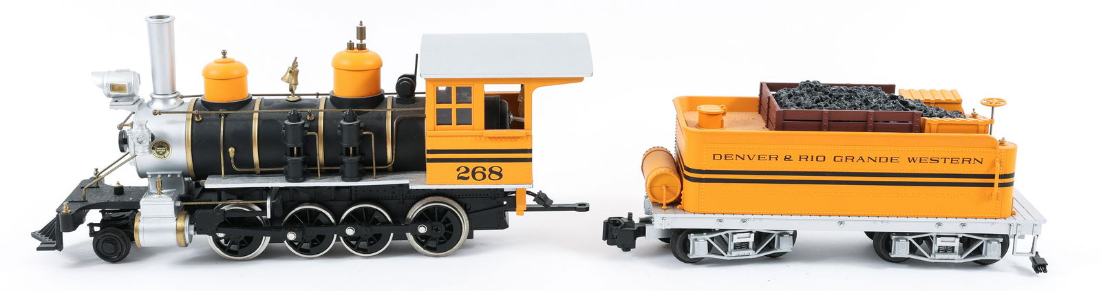 ARISTO-CRAFT G GAUGE MODEL STEAM LOCOMOTIVE & TENDER: ARISTO-CRAFT G GAUGE MODEL STEAM LOCOMOTIVE & TENDER Aristo-Craft Trains C-16, 2-8-0 Steam Locomotive and "Denver and Rio Grande Western" tender model train car, No. ART-80100-01. 1:24 Scale, G gauge.