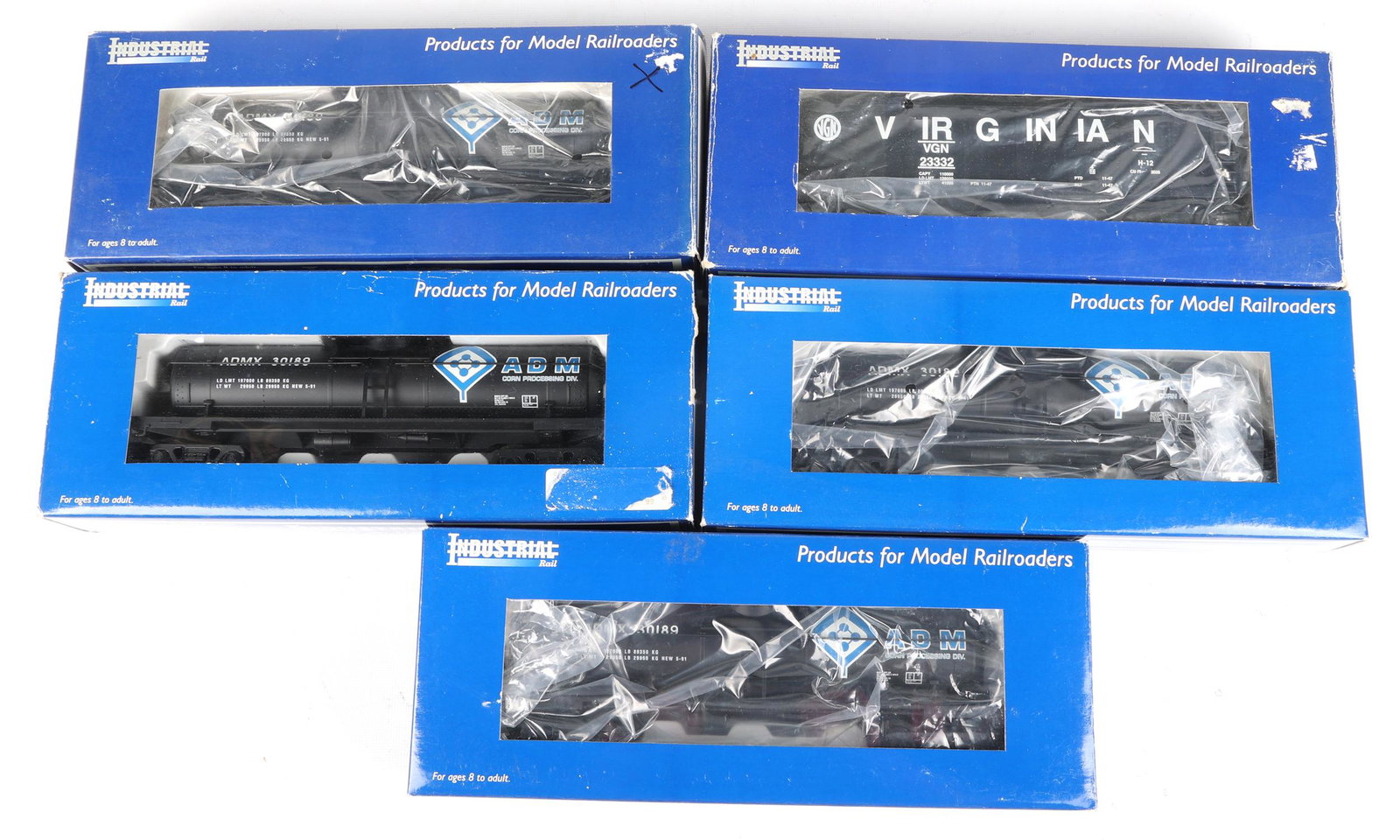INDUSTRIAL RAIL O GAUGE MODEL CARS - LOT OF 5: INDUSTRIAL RAIL O GAUGE MODEL CARS - LOT OF 5 Industrial Rail O gauge model train car - lot of 5, includes: Virginian #23332 hopper (4) ADMX #30189 tank car Gauge/Scale: O
