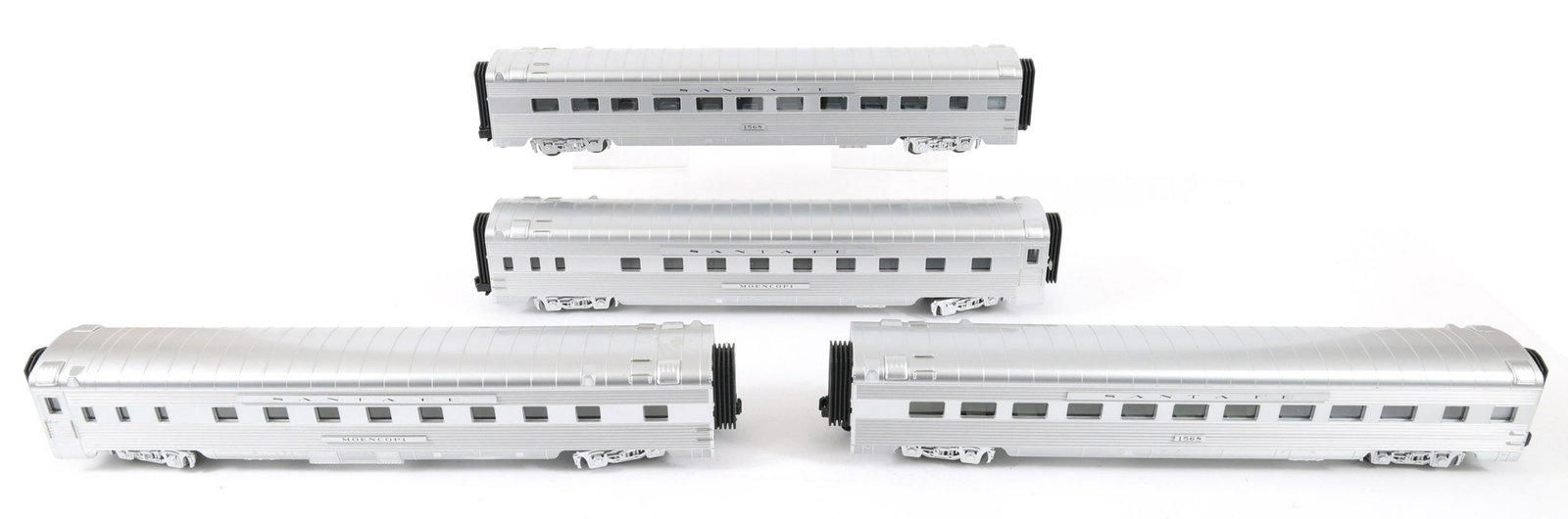 MTH O GAUGE SANTA FE ABS PASSENGER MODEL TRAIN CARS: MTH O GAUGE SANTA FE ABS PASSENGER MODEL TRAIN CARS Lot of two MTH Santa Fe 2-car 70' ABS sleeper/diner passenger car sets (ribbed), O gauge, Item no. 20-6643. Gauge/Scale: O