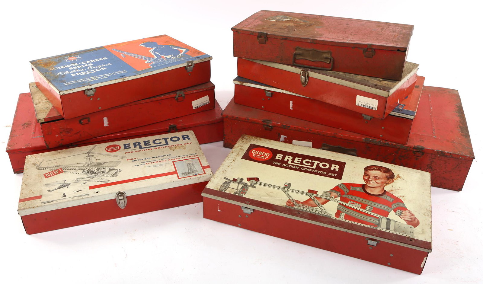 GILBERT ERECTOR SETS - LOT OF 9: GILBERT ERECTOR SETS - LOT OF 9 Nine Gilbert Erector sets from the 1930s-1960s in red metal cases. Includes: #10042 Radar-Scope Set 16 x 8 x 3" #10057 E