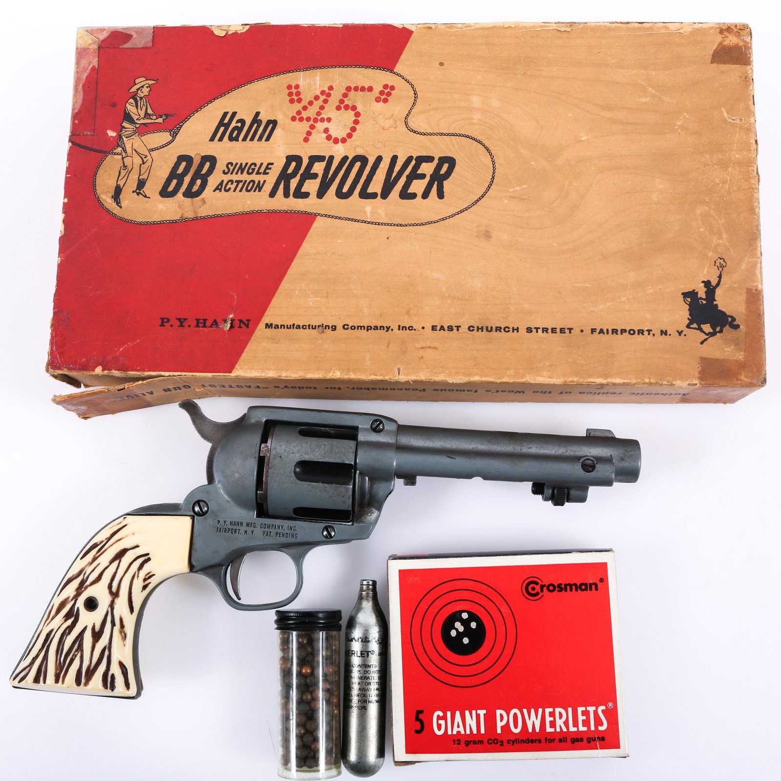 HAHN "45" BB SINGLE ACTION REVOLVER: HAHN "45" BB SINGLE ACTION REVOLVER P.Y. Hahn "45" BB single action revolver air pistol with box and papers. Includes pellet ammunition. Size: 10"