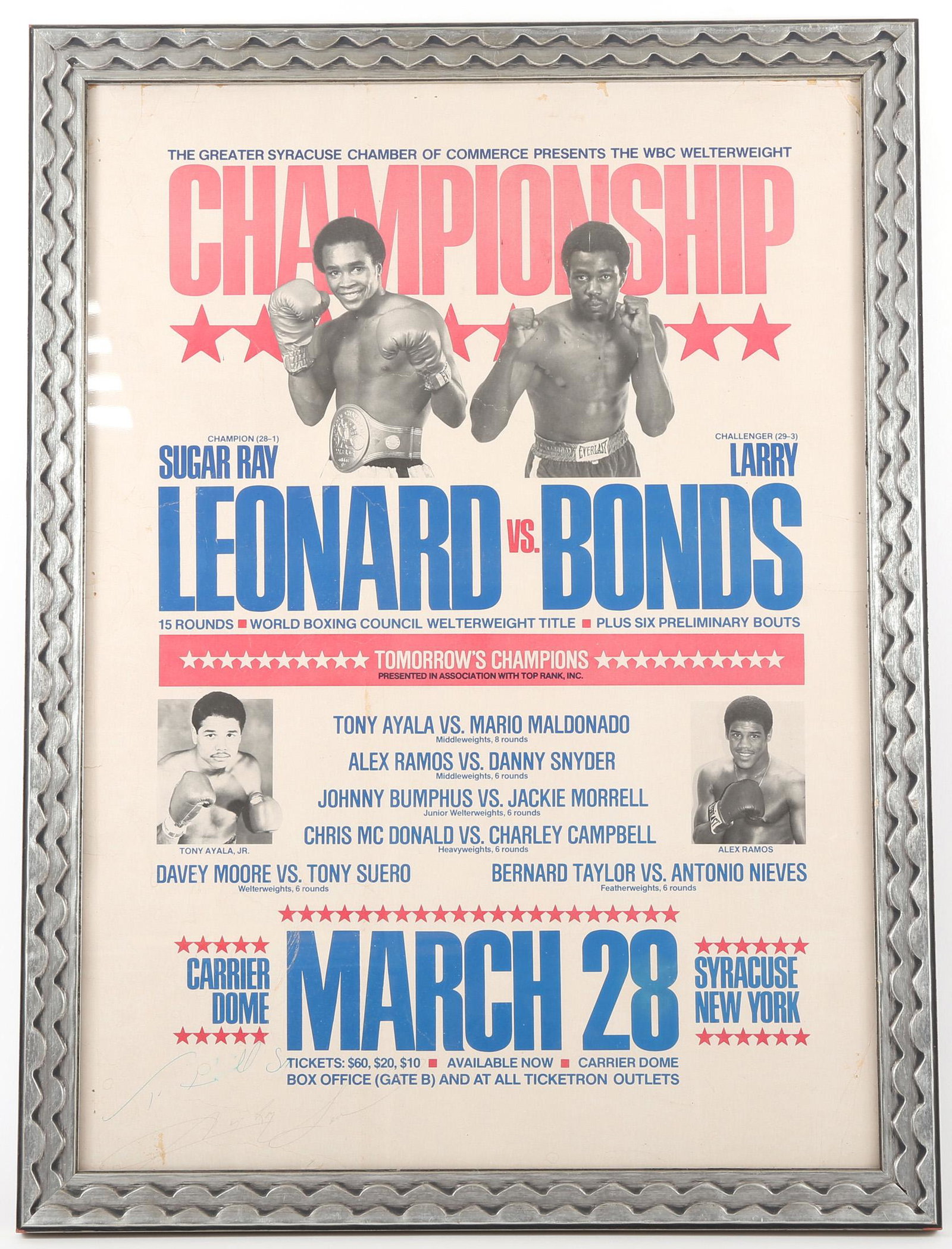 SUGAR RAY LEONARD SIGNED BOXING POSTER FRAMED: SUGAR RAY LEONARD SIGNED BOXING POSTER FRAMED Sugar Ray Leonard vs. Larry Bonds March 28th, 1981 boxing poster, personalized and signed by Sugar Ray Leonard in lower left corner. Set in silver frame.&