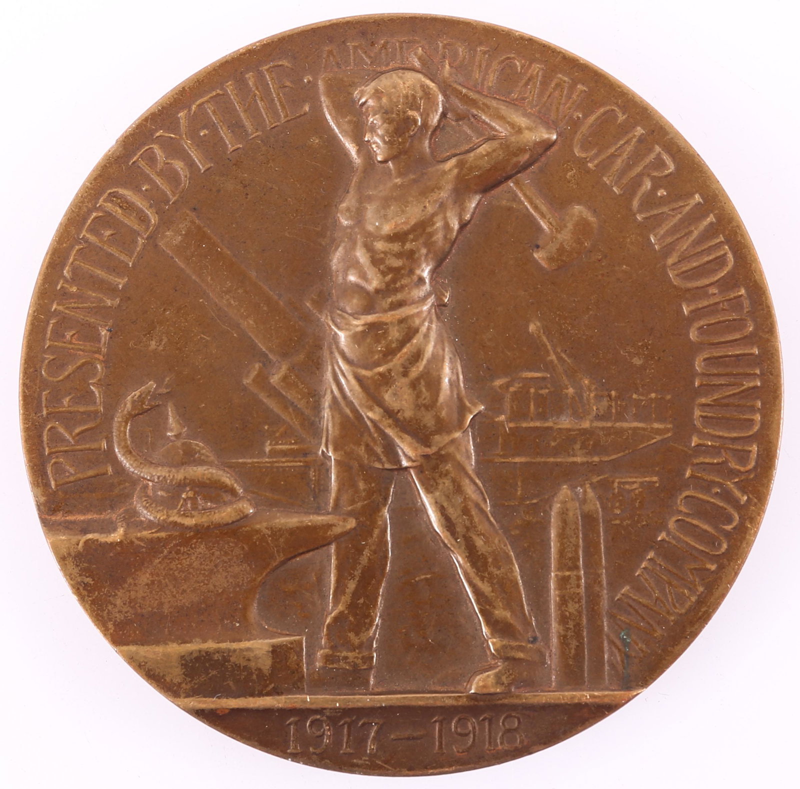 GORHAM CO. WWI BRONZE MEDAL AMERICAN CAR & FOUNDRY: GORHAM CO. WWI BRONZE MEDAL AMERICAN CAR & FOUNDRY Gorham Co. WWI era bronze medal, "Presented by the American Car and Foundry Company 1917-1918", reverse reads "For Service Faithfully Rendered",