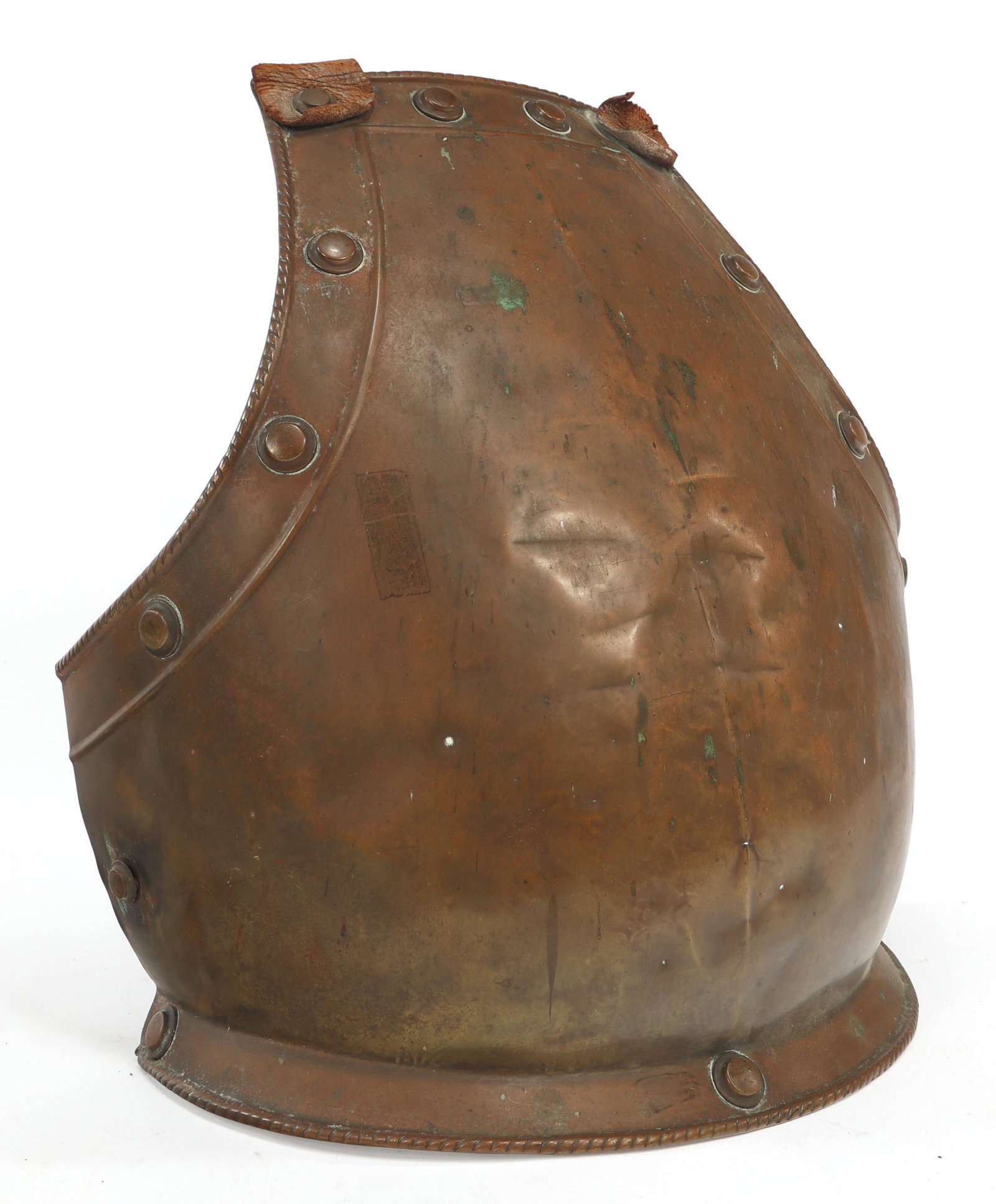 VICTORIAN ERA PRODUCTION OF GLOBOSE BREASTPLATE: VICTORIAN ERA PRODUCTION OF GLOBOSE BREASTPLATE Victorian era production of globose breastplate, with studded accents and portion of leather straps remaining. Measures 16" in vertical length and 13" i