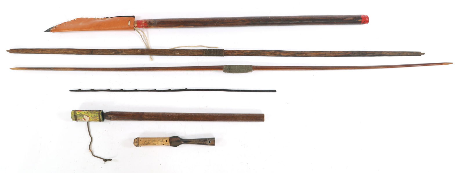 BOWS, ARROW, SPEAR HEAD, AND SPEARS - LOT OF 6: BOWS, ARROW, SPEAR HEAD, AND SPEARS - LOT OF 6 Lot of six assorted weapons, includes: Horsman Maker Self Bow. Unstrung. 64" Bow made of dark wood. Unstrung. 61" Section of fishing arrow. 29"