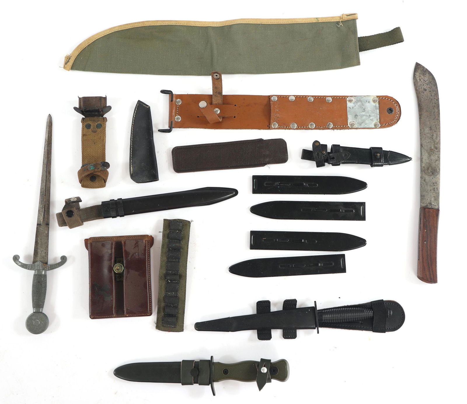 EDGED WEAPONS BONANZA - MACHETE, DAGGERS, & SHEATHS: EDGED WEAPONS BONANZA - MACHETE, DAGGERS, & SHEATHS Contemporary knives and sheaths, includes (12) Sheaths Machete. 14.5" Bundeswehr military knife with sheath. Marked "China". 10.5" Black dagg