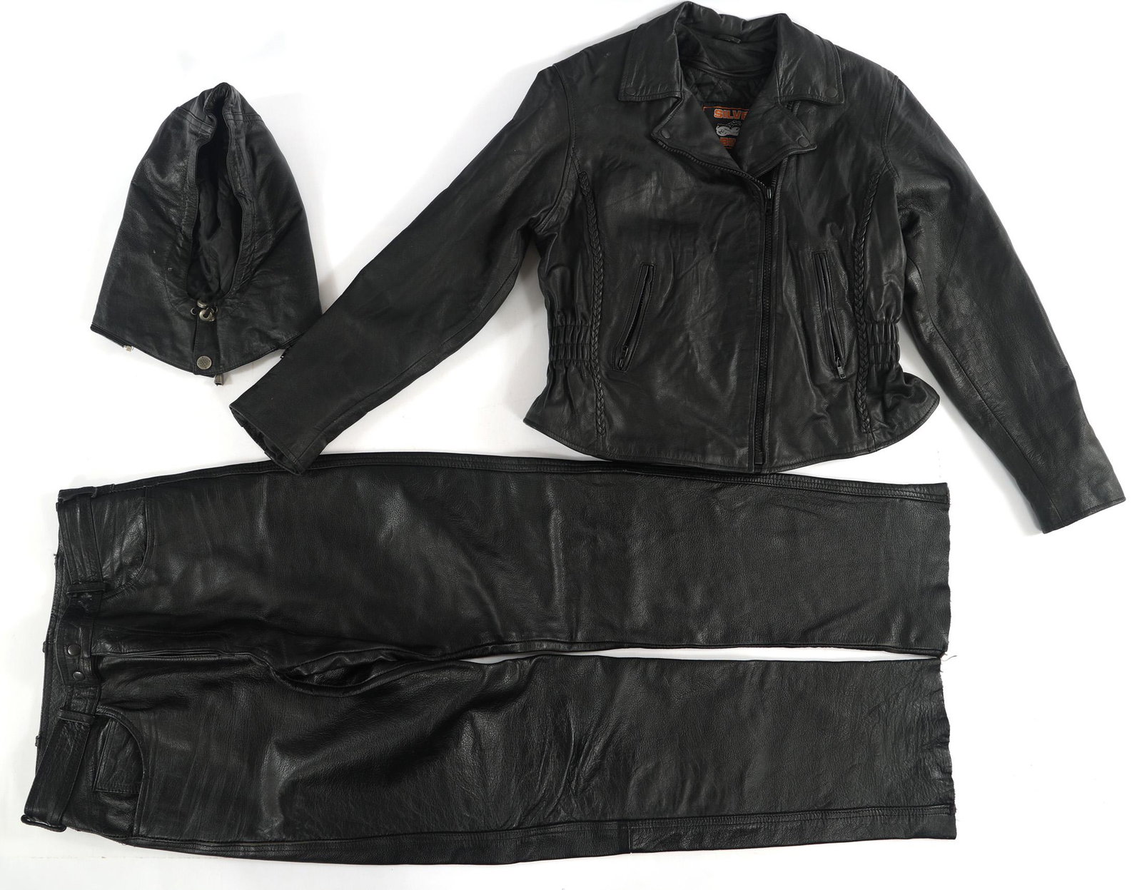 SILVER BIKE LEATHER JACKET, HOOD, & PANTS: SILVER BIKE LEATHER JACKET, HOOD, & PANTS Silver Bike brand black leather biker set. Includes: Jacket with braided pattern and zippered sleeves Marked XXL, 26" length Hoo