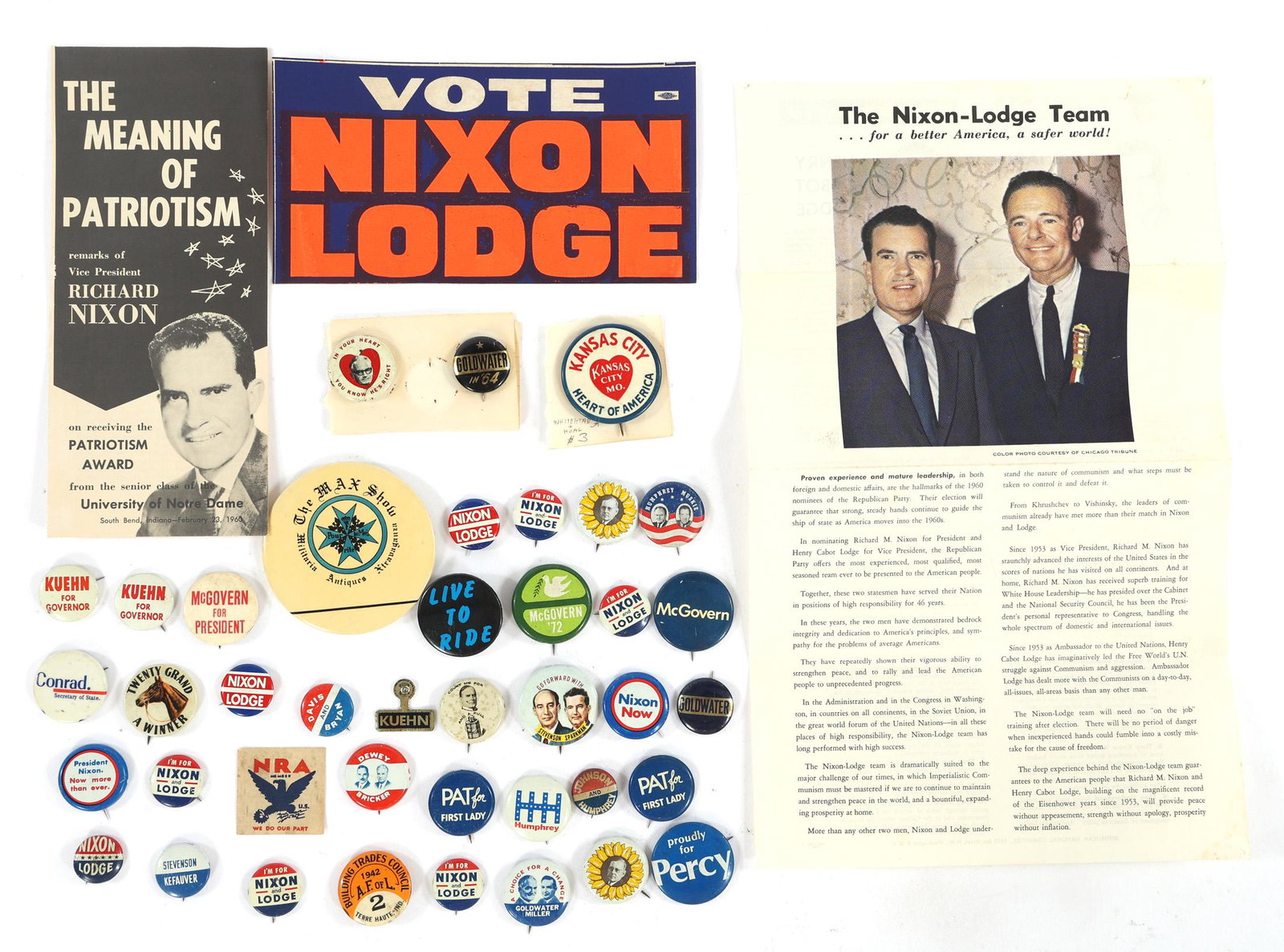 1950'S, 1960'S, & 1970'S US POLITICAL EPHEMERA: 1950'S, 1960'S, & 1970'S US POLITICAL EPHEMERA 15+ US political buttons & pins, Nixon/Lodge bumper sticker and two Republican Nixon pamphlets. 