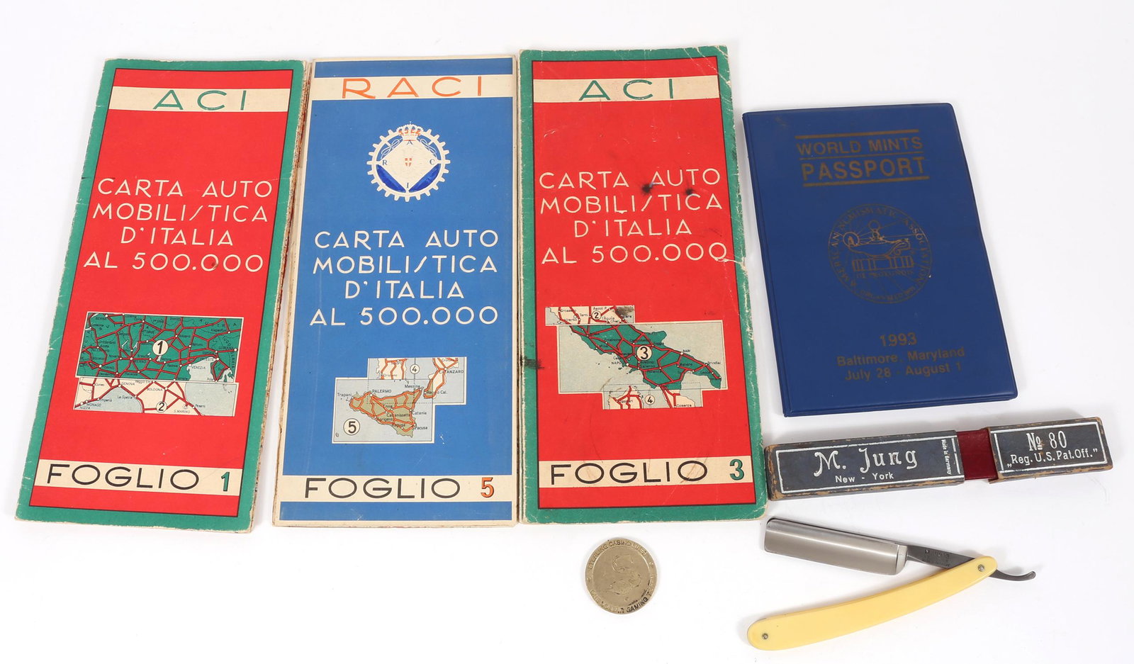 WORLD COINS, MAPS, TOKEN & M. JUNG STRAIGHT RAZOR: WORLD COINS, MAPS, TOKEN & M. JUNG STRAIGHT RAZOR To include: 1993 World Mints Passport (3) Italian maps Sterling Casino Lines 1$ gaming token M. Jung No. 80 straight razor with case, Made in Ge