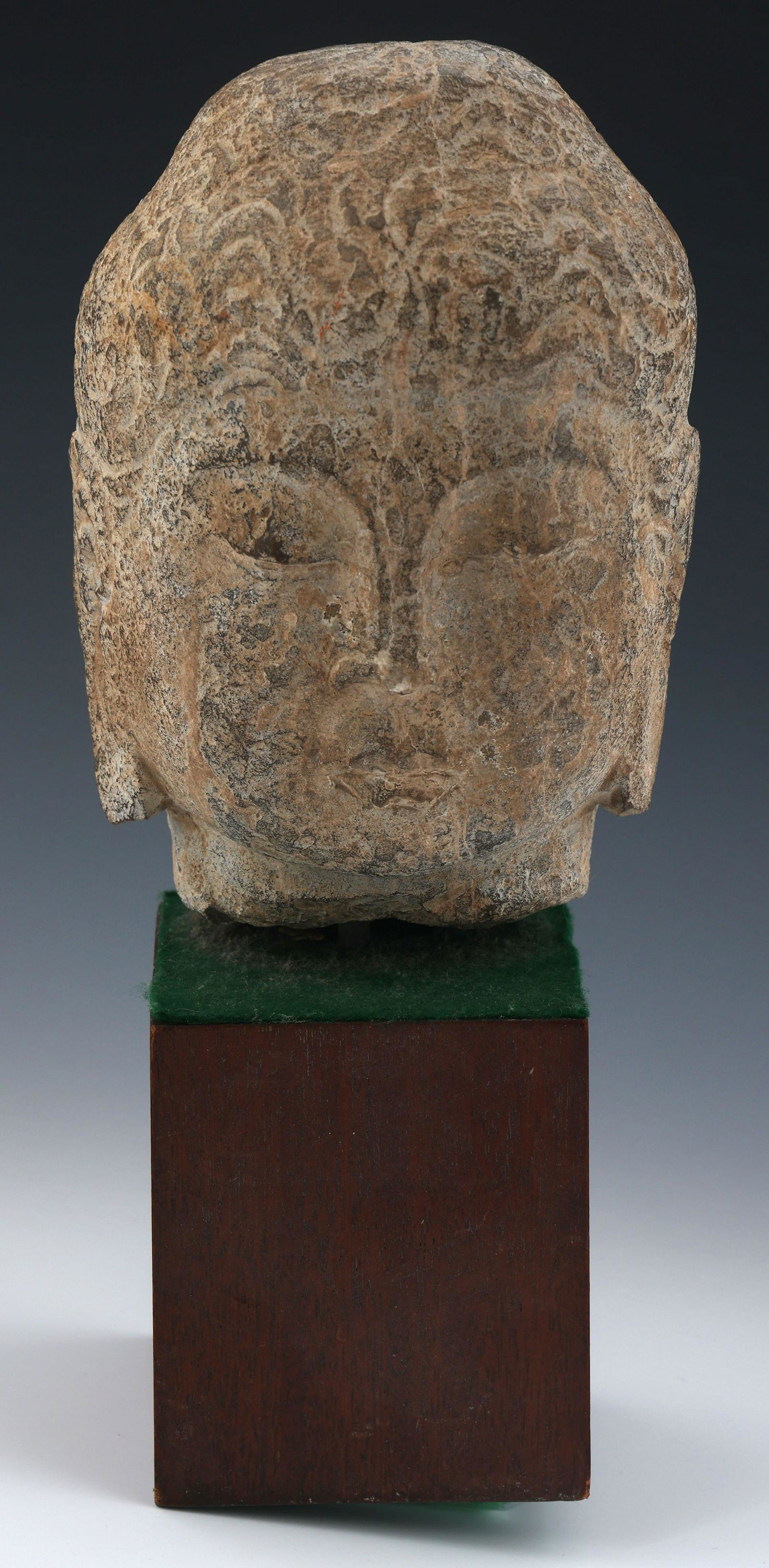 CARVED STONE BUDDHA HEAD ON WOODEN BASE (1 of 5)