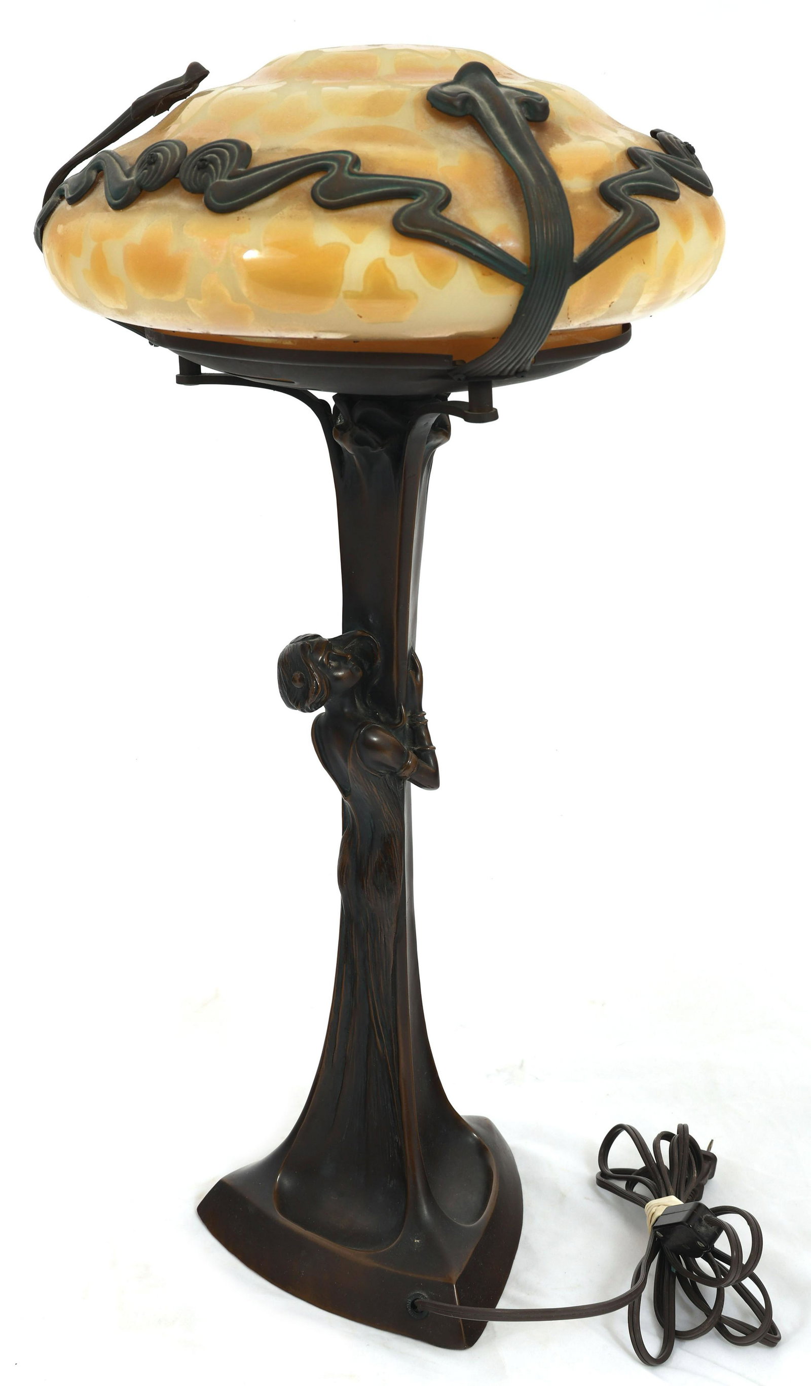 ART NOUVEAU FIGURAL BRONZE & LOETZ GLASS LAMP: ART NOUVEAU FIGURAL BRONZE & LOETZ GLASS LAMP Art Nouveau figural bronze base table lamp with unsigned Loetz glass shade, featuring gold oil spot decoration. 23.5 x 14"
