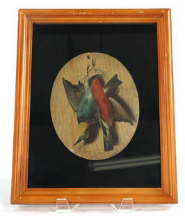 19th C. MICHELANGELO MEUCCI GAME BIRDS OIL PAINTING: 19th C. MICHELANGELO MEUCCI GAME BIRDS OIL PAINTING Michelangelo Meucci (Italian, 1840-1909), trompe L'oeil oil painting on oval wood panel depicting a pair of game birds, signed at bottom, dated 1873