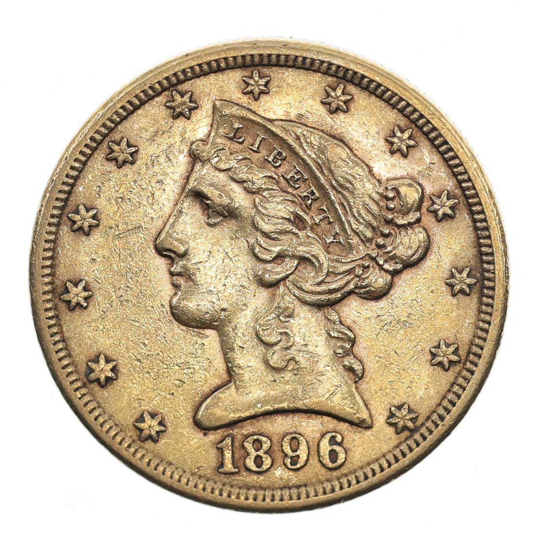 1896-S US $5 CORONET HEAD HALF EAGLE GOLD COIN (1 of 2)