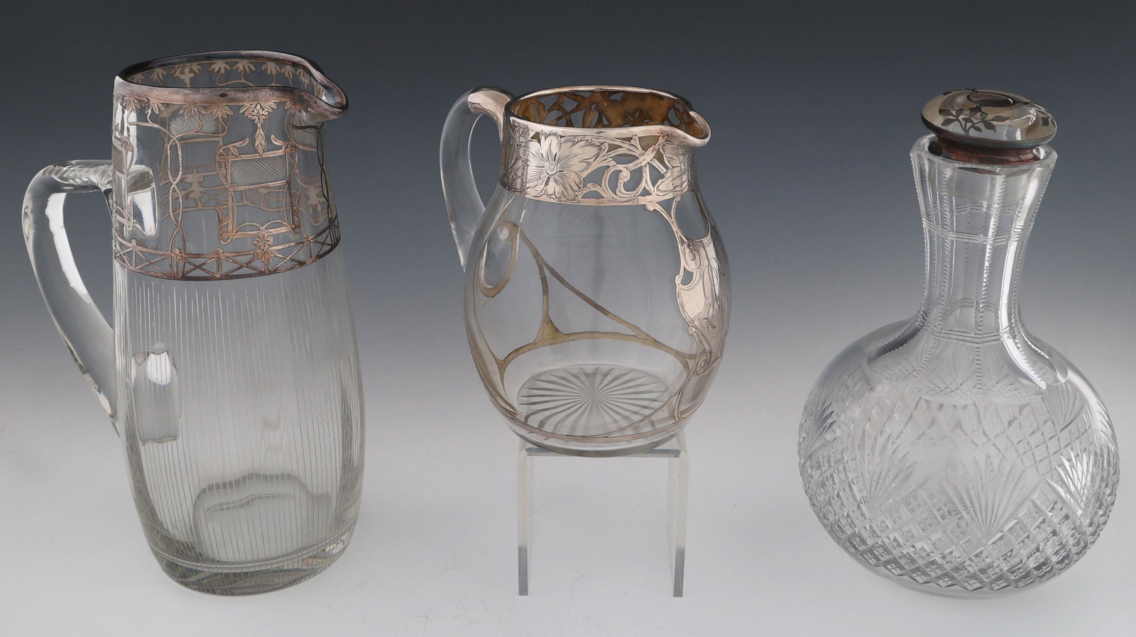 GLASS STERLING SILVER OVERLAY PITCHERS & DECANTER (1 of 8)