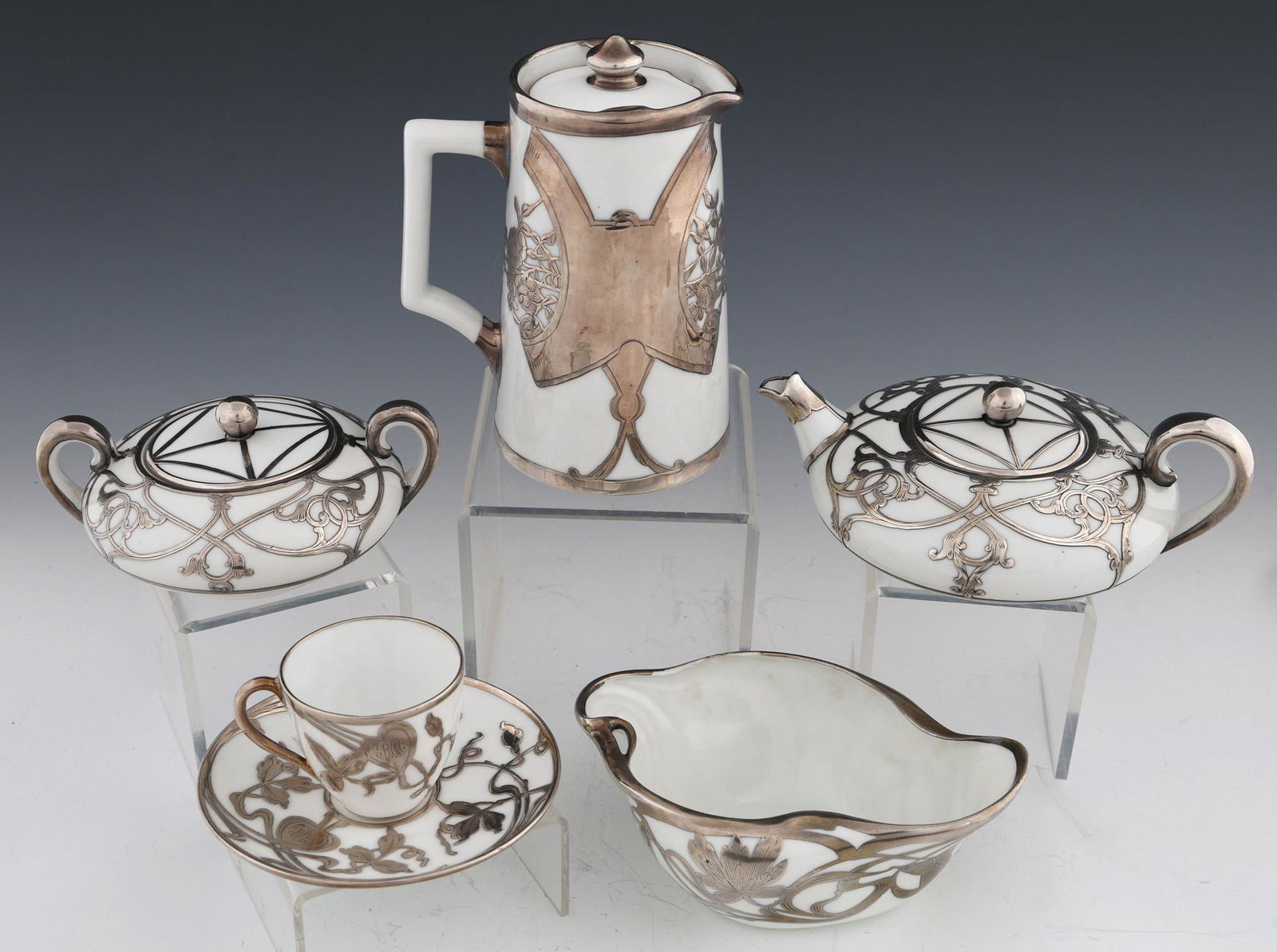 ART NOUVEAU PORCELAIN SILVER OVERLAY TEA SERVICE (1 of 9)