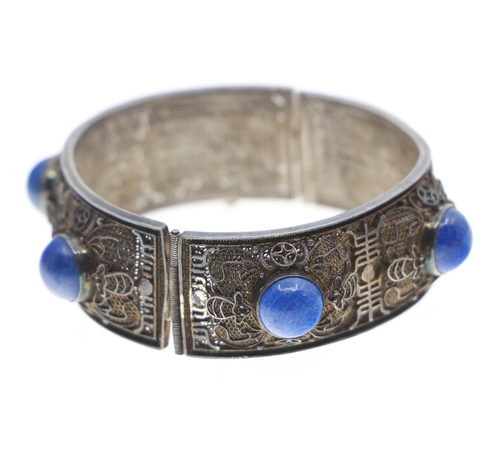 CHINESE FILIGREE SILVER LAPIS LAZULI CUFF BRACELET (1 of 6)