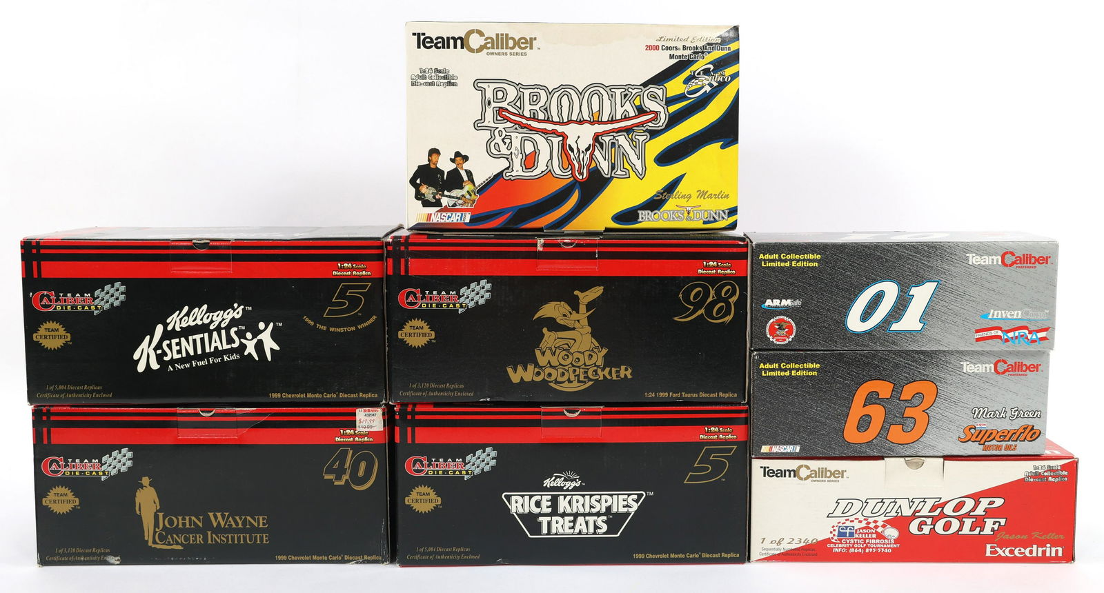 TEAM CALIBER 1:24 SCALE TOY CARS: TEAM CALIBER 1:24 SCALE TOY CARS Lot of eight Team Caliber collectible 1:24 scale toy cars, includes: #63 Superflo Motor Oils 2000 Monte Carlo #01 ArmSafe InvenCon 2000 Monte Carlo