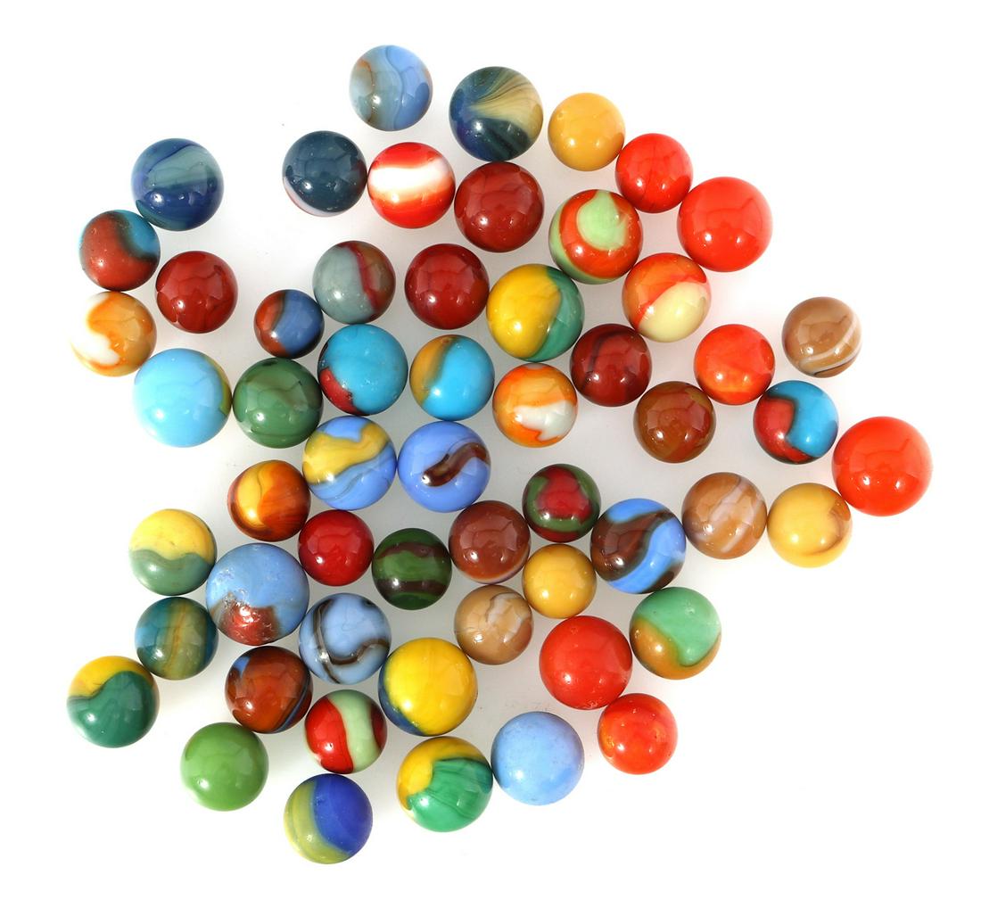 EARLY 20th C. SLAG GLASS MARBLES: EARLY 20th C. SLAG GLASS MARBLES 56 slag glass marbles in a variety of colors, early 20th century.