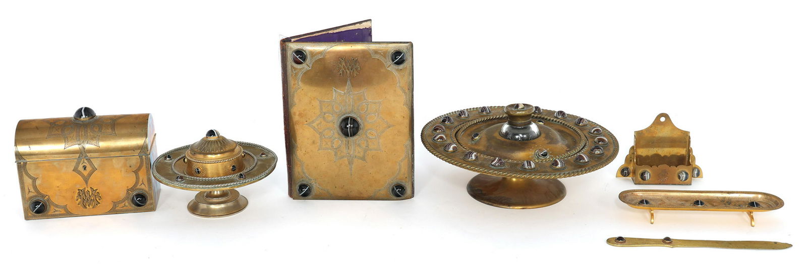 VICTORIAN RENAISSANCE REVIVAL BRASS & AGATE DESK SET (1 of 11)