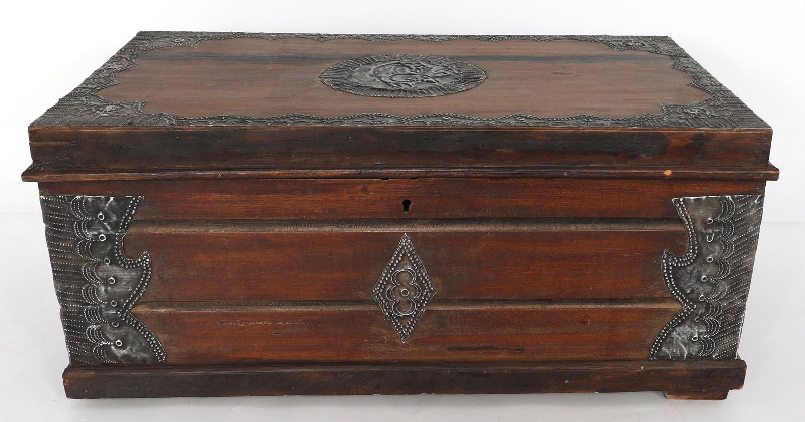 AFRICAN WOOD CHEST: AFRICAN WOOD CHEST African, Ghanaian, wood chest with metal appliques. Size: 12 x 16 x 29" Shipping: Buyer-Arranged 3rd Party Shipping