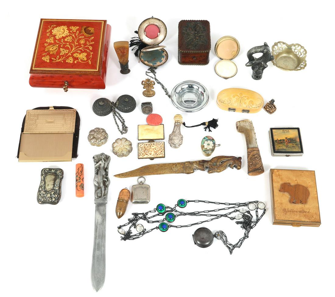 VANITY/DESK ITEMS - BOXES, WAX SEAL STAMPS, & MORE: VANITY/DESK ITEMS - BOXES, WAX SEAL STAMPS, & MORE Vanity and desk items, includes: Jewelry boxes Marquetry design Celluloid Enameled Wooden Cigarette case Perfume dabbing b