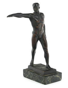 MAURICE GUIRAUD RIVIERE ETLING OLYMPIC SALUTE BRONZE: MAURICE GUIRAUD RIVIERE ETLING OLYMPIC SALUTE BRONZE Maurice Guiraud Riviere / Etling bronze "Olympic Salute" statuette on a marble base. Size: 6.5"