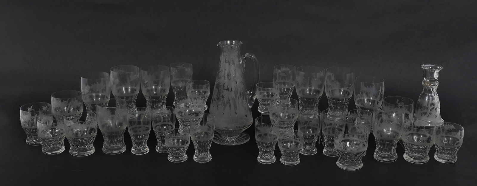 ETCHED CRYSTAL FOREST SCENE GLASSES & PITCHER (1 of 9)