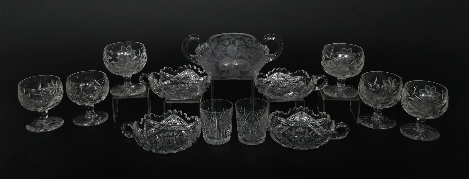 CUT GLASS SERVEWARE & DRINKWARE: CUT GLASS SERVEWARE & DRINKWARE Cut glass serveware and drinkware, includes: (4) Nappy dishes - 4.5 x 1.5" (2) Shot glasses - 2.5 x 2.25" Double-handled dish - 7.5 x 2.25" (6) Cognac glasses - 3.5 x