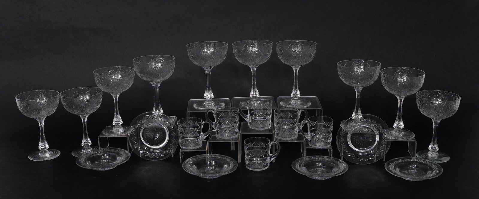 WEBB CORBETT ROCK CRYSTAL WINE GLASSES & PUNCH CUPS: WEBB CORBETT ROCK CRYSTAL WINE GLASSES & PUNCH CUPS Webb Corbett rock crystal drinkware, includes: (10) wine glasses - 5.5" (6) punch cups - 2.5" (6) saucers - 4.5"
