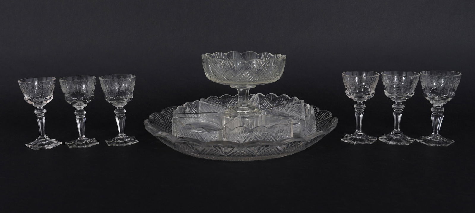 CUT GLASS SECTIONED SERVING TRAY & CORDIAL GLASSES (1 of 9)
