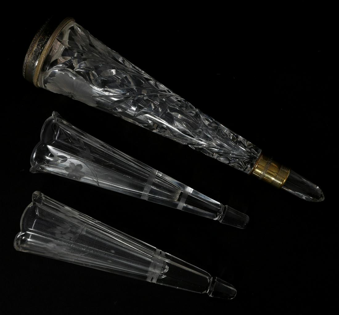 CAR GLASS EPERGNES - GROUP OF THREE: CAR GLASS EPERGNES - GROUP OF THREE Lot of three car glass epergnes, includes: One metal trimmed - 10.5" (2) Etched - 7.5"
