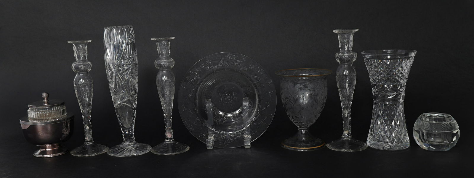 CRYSTAL & GLASS DECOR & SERVEWARE: CRYSTAL & GLASS DECOR & SERVEWARE Crystal and glass decor and serveware, includes: Waterford vase - 8" Cut glass Match striker, 19th century - 2.5 x 3.5" Vase - 11"