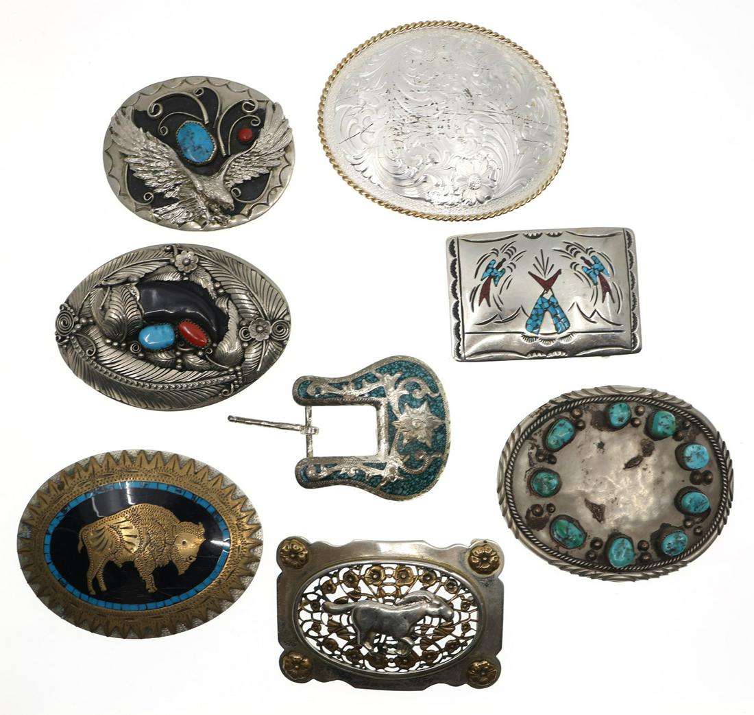 SILVER PLATED SOUTHWESTERN STYLE BELT BUCKLES: SILVER PLATED SOUTHWESTERN STYLE BELT BUCKLES Silver plated Southwestern style belt buckles, with turquoise, brass, and synthetic claw accents. Weight: 597.5g