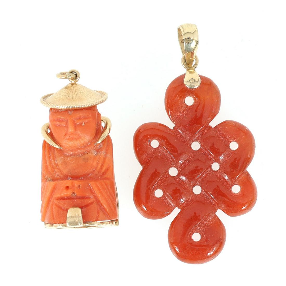 14K YELLOW GOLD CORAL & CARNELIAN PENDANTS (1 of 7)