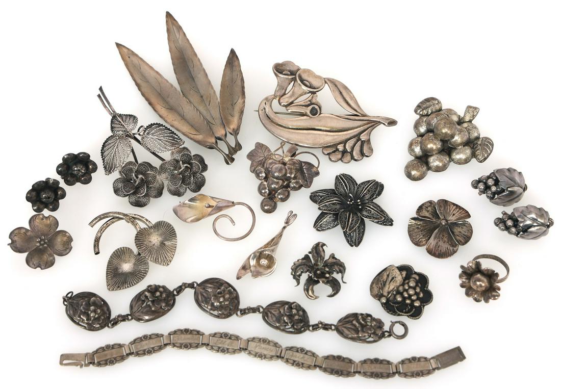 STERLING SILVER FLORAL BROOCHES, BRACELETS, RINGS (1 of 6)