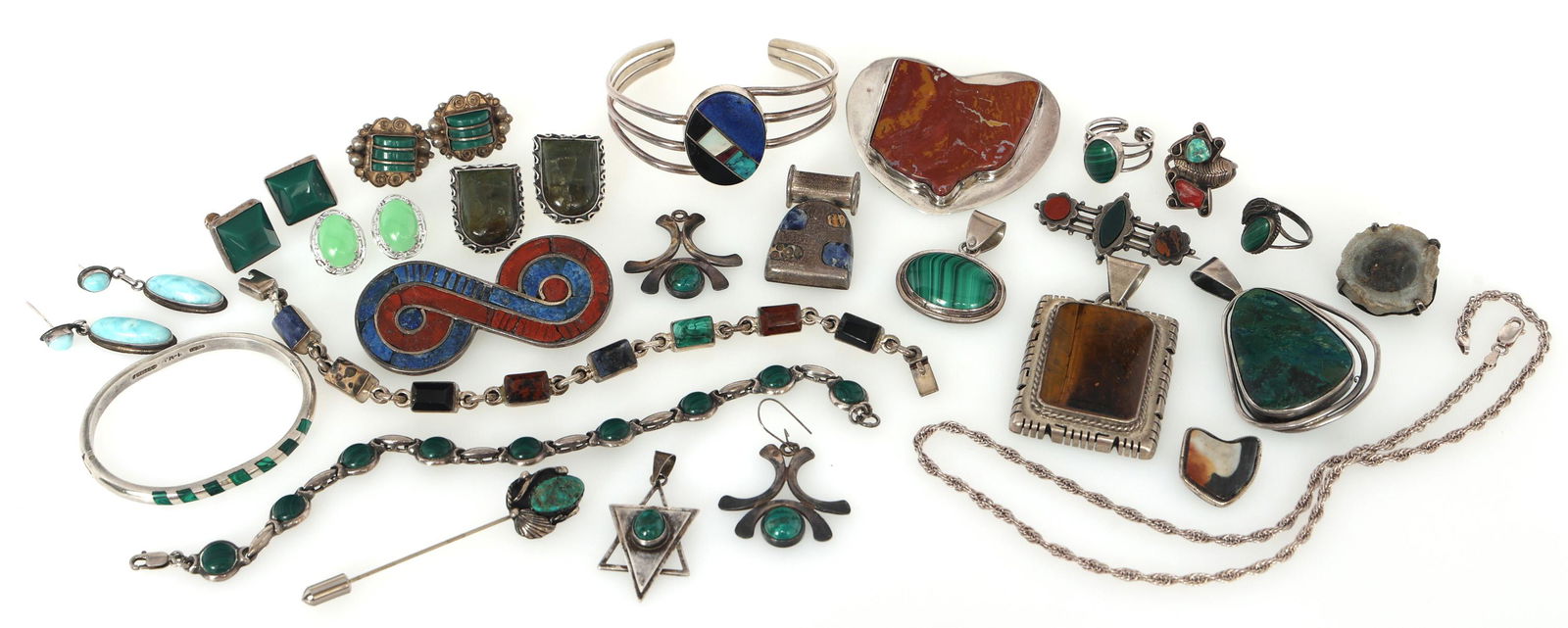 STERLING SILVER & SEMI-PREIOUS STONE JEWELRY: STERLING SILVER & SEMI-PREIOUS STONE JEWELRY .925 sterling silver and semi-precious stone jewelry with stones such as Jasper, Malachite, Onyx, Sodalite, Agate, and more. Includes items such as: (4) B