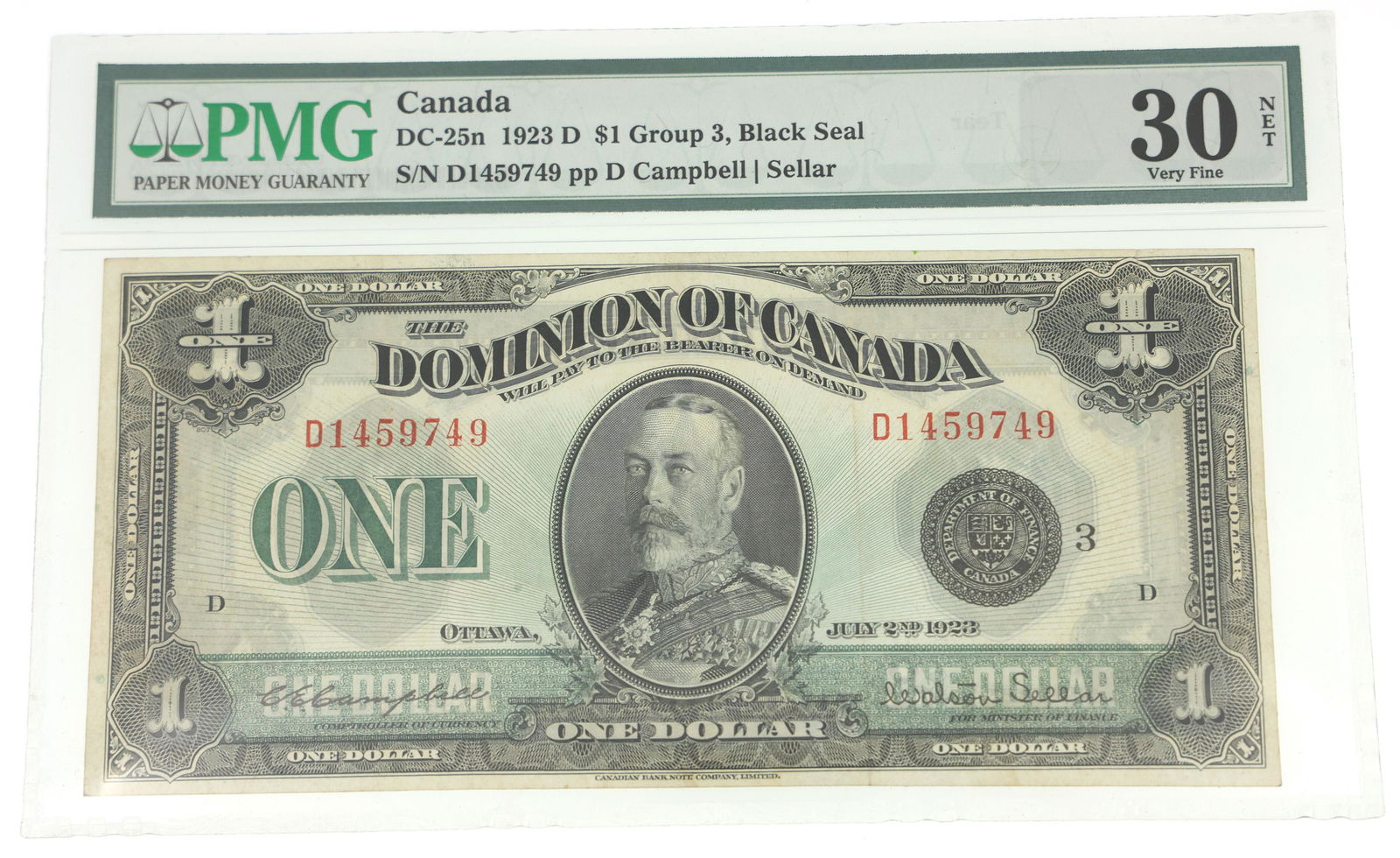 1923D CANADA DC-25N $1 NOTE BLACK SEAL GROUP 3 PMG VF30 (1 of 2)