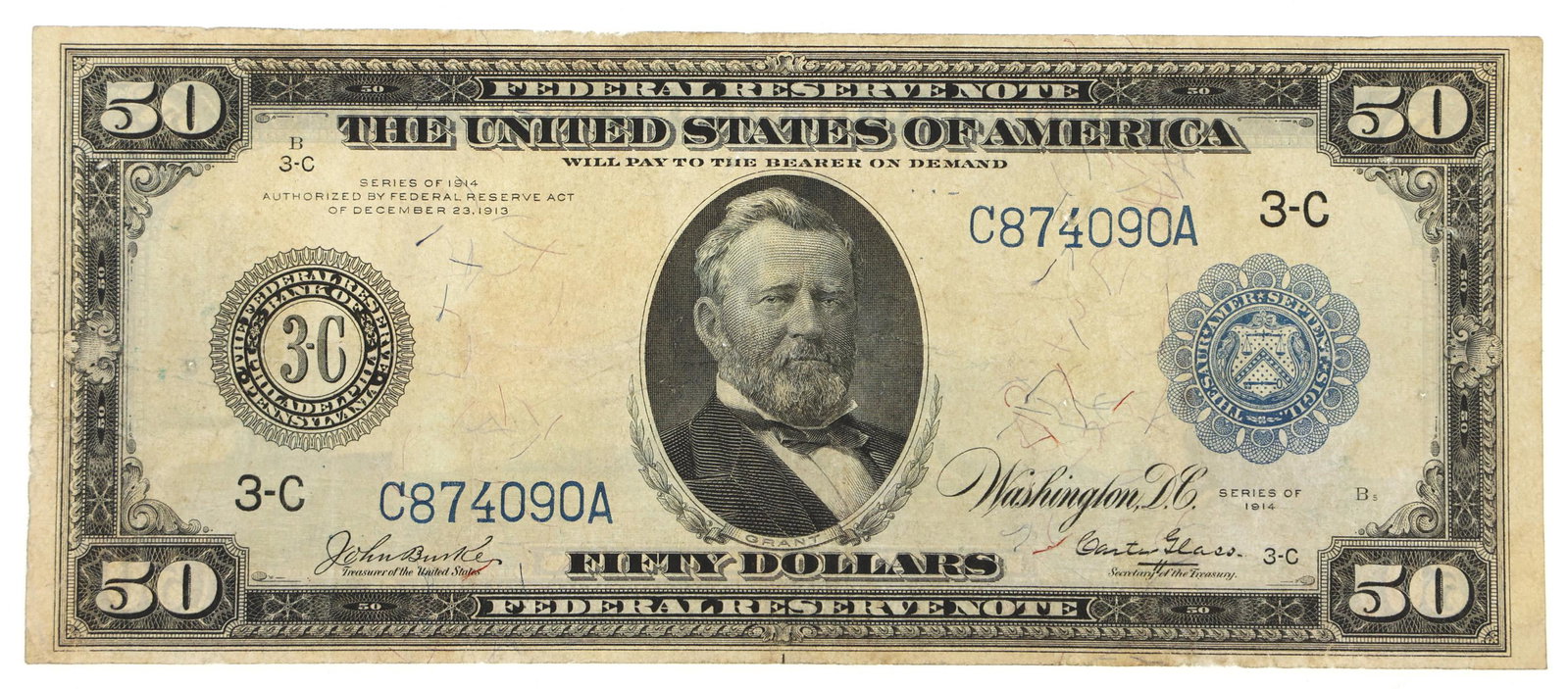 1914 US $50 FEDERAL RESERVE NOTE Fr.1033: 1914 US $50 FEDERAL RESERVE NOTE Fr.1033 1914 United States $50 Federal Reserve note, Fr.1033, signed Burke - Glass.
