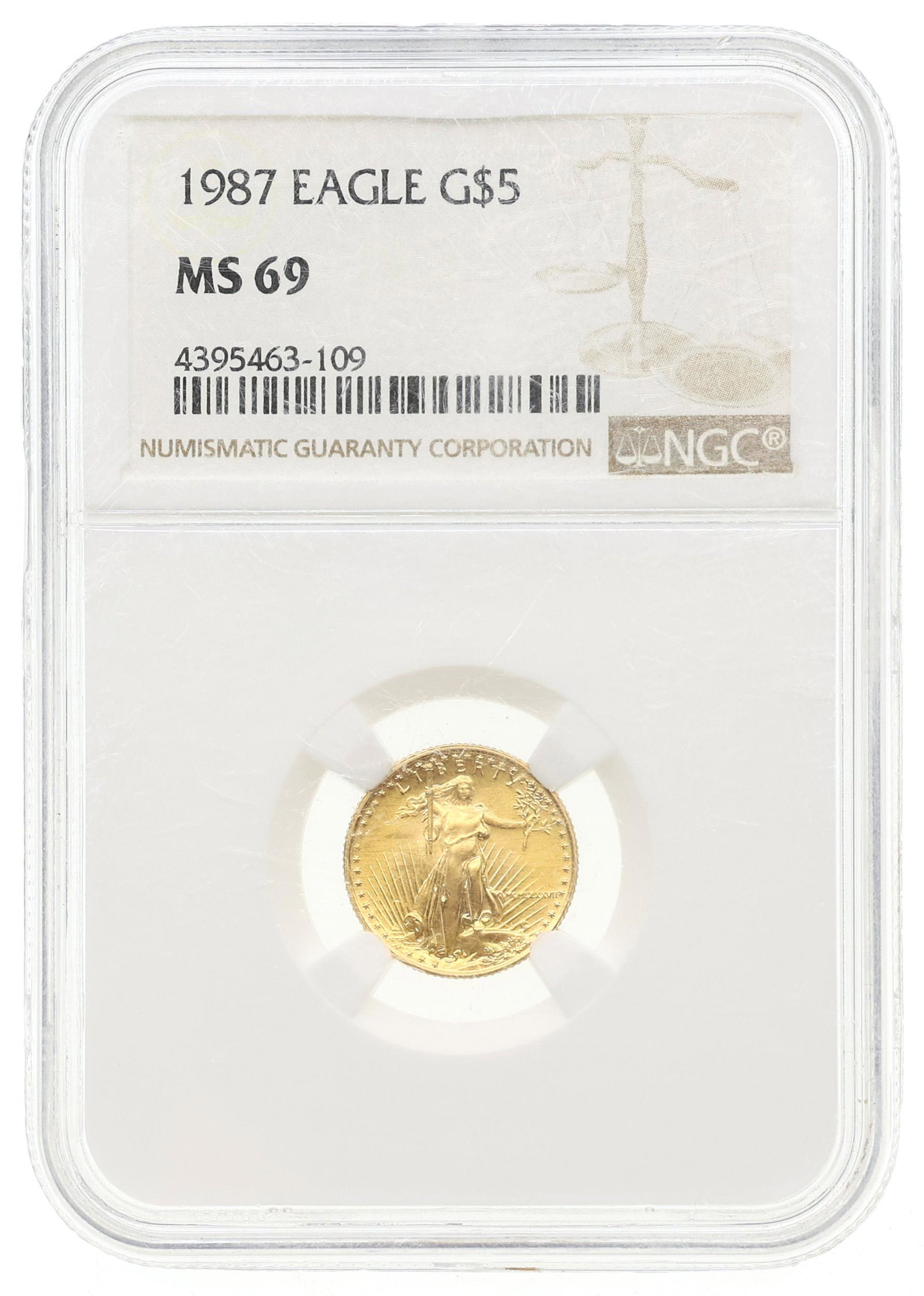 1987 US $5 1/10 OZ EAGLE .999 FINE GOLD COIN NGC MS69 (1 of 2)