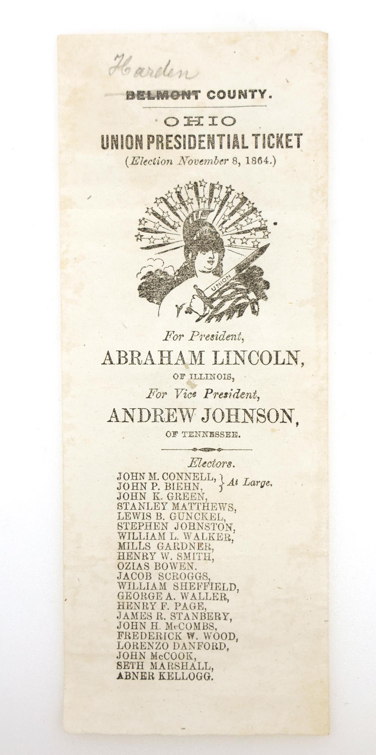 1864 OHIO UNION ABRAHAM LINCOLN ELECTION TICKET (1 of 3)