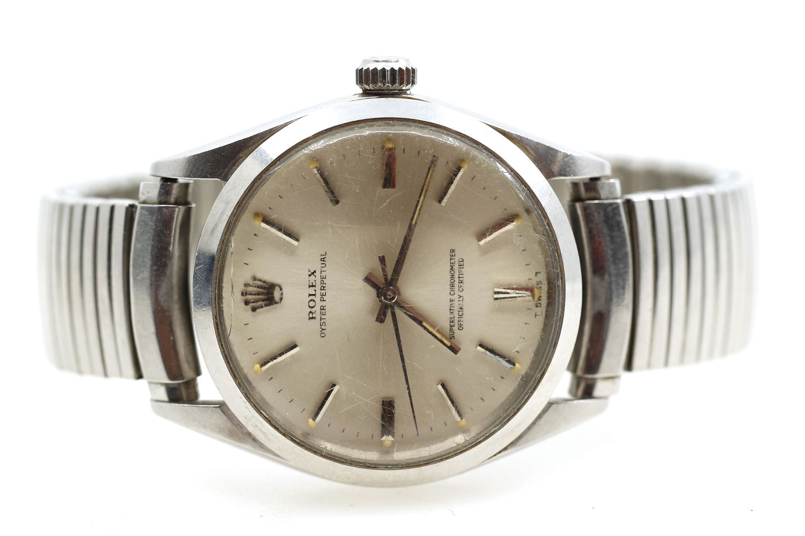 MEN'S ROLEX OYSTER 1003 STAINLESS STEEL WRISTWATCH: MEN'S ROLEX OYSTER 1003 STAINLESS STEEL WRISTWATCH Men's mid-20th century Rolex Oyster Perpetual Ref. 1003 stainless steel wristwatch with: Baton markers Swiss automatic movement</