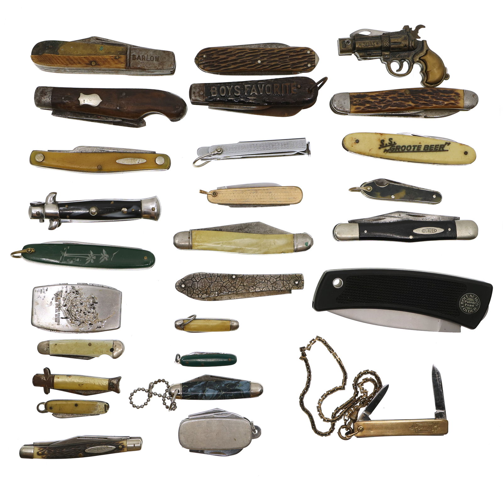 FOLDING POCKET KNIVES - SCHRADE, GERBER, & MORE: FOLDING POCKET KNIVES - SCHRADE, GERBER, & MORE 27 folding pocket knives including Barlow, Schrade, Hammer Brand, Imperial, Clauss, Gerber, A.W. Wadsworth & Son, Eagle keychain revolver-shaped pocket