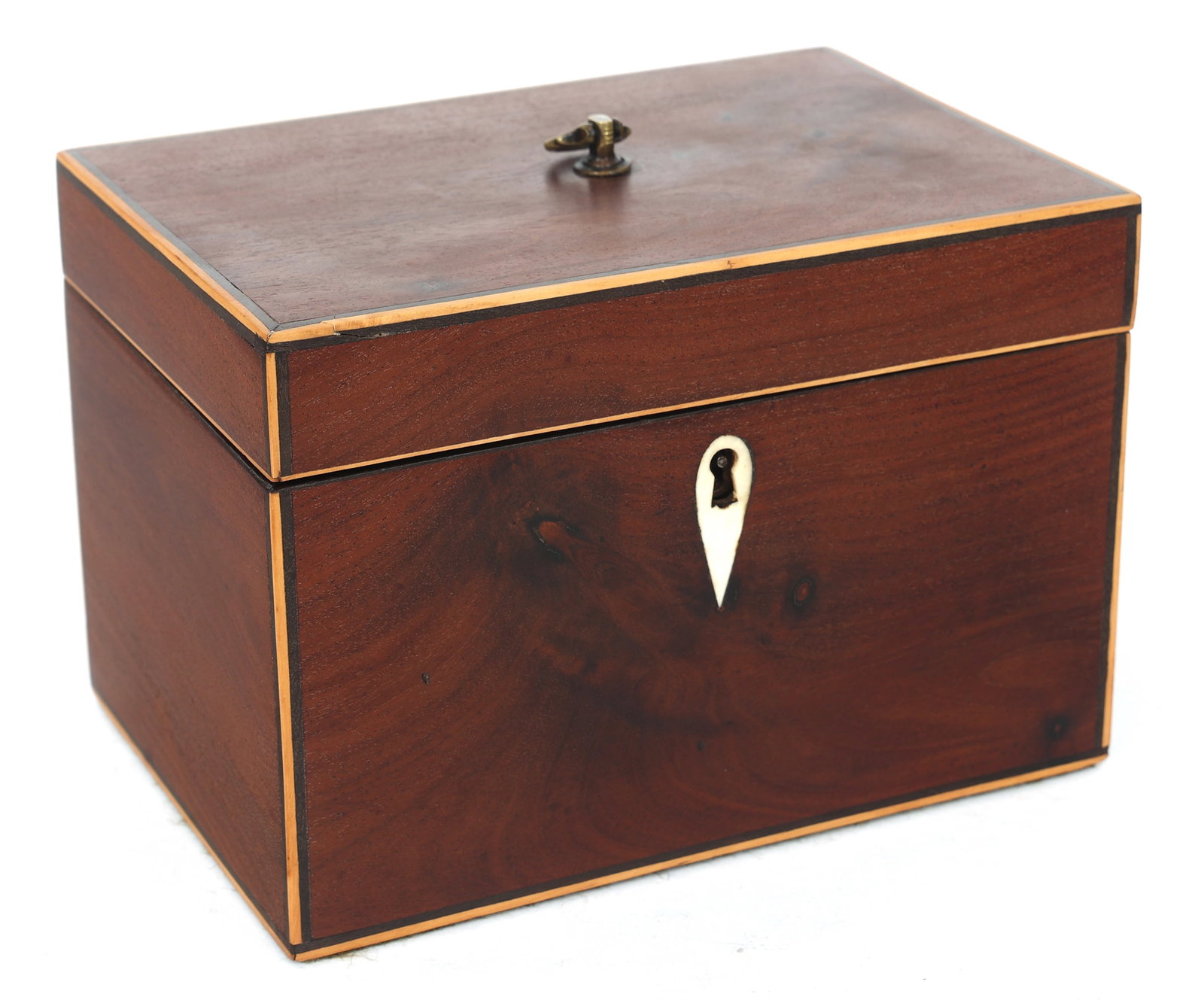 WOODEN CASE METAL LINED TEA CADDY: WOODEN CASE METAL LINED TEA CADDY Wooden case, metal lined tea caddy. Includes two mismatched teaspoons and a key for the locking mechanism. Size: 6.5 x 4.5 x 4.5"