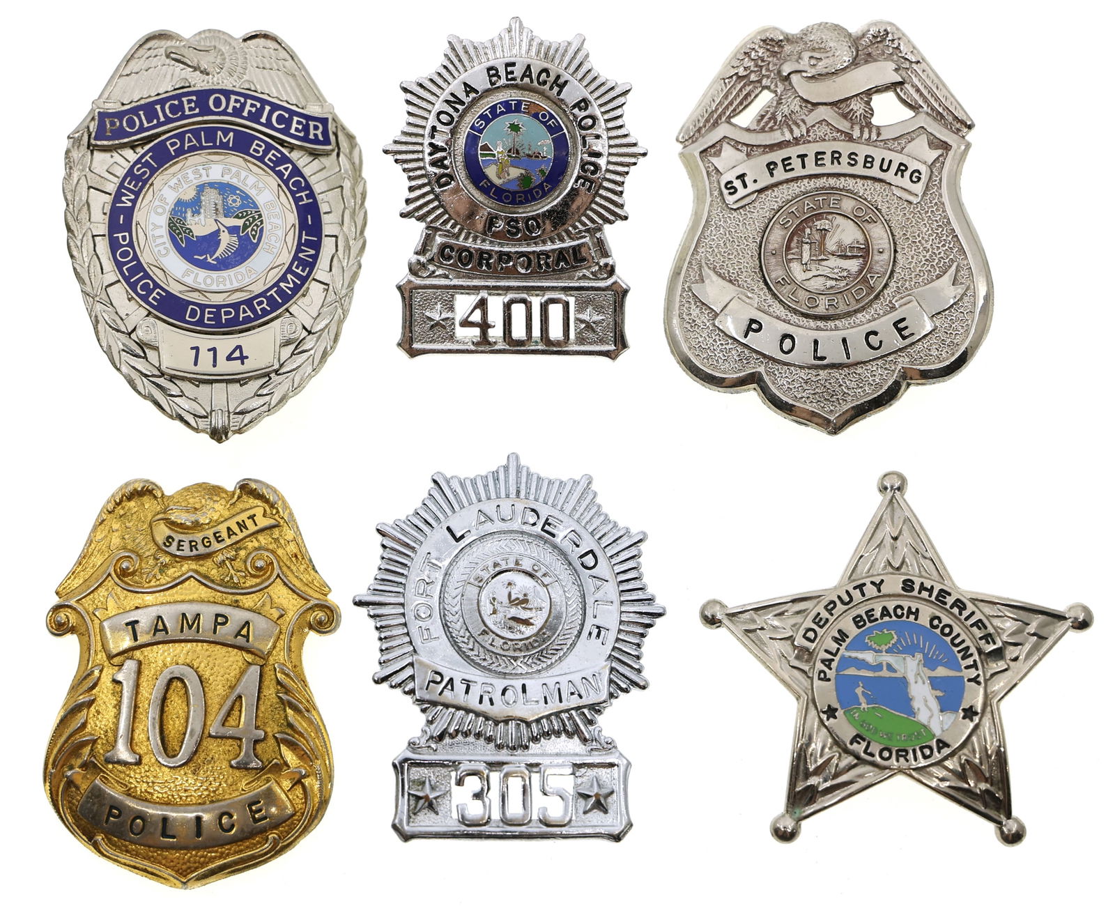 FLORIDA OBSOLETE LAW ENFORCEMENT & POLICE BADGES: FLORIDA OBSOLETE LAW ENFORCEMENT & POLICE BADGES Six obsolete Florida Law Enforcement & Police badges, including: St. Petersburg Police Tampa Police Sergeant No. 104 West Palm Beach Po