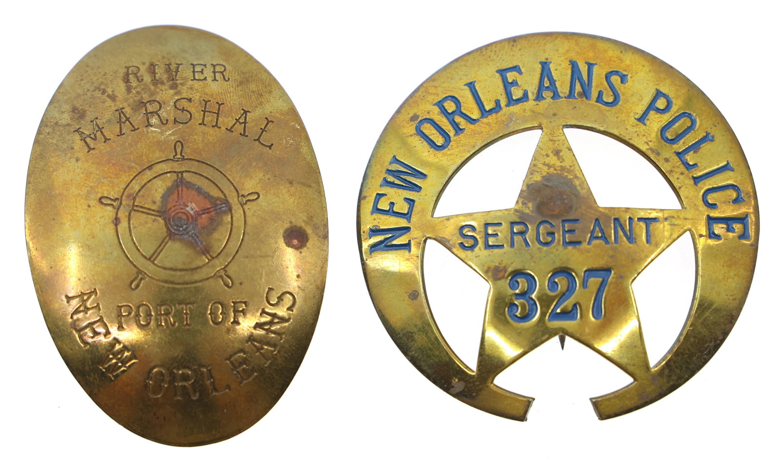 NEW ORLEANS OBSOLETE LAW ENFORCEMENT BADGES: NEW ORLEANS OBSOLETE LAW ENFORCEMENT BADGES Two obsolete New Orleans law enforcement badges, including: New Orleans Police Sergeant, No. 327 Port of New Orleans River Marshal Measu