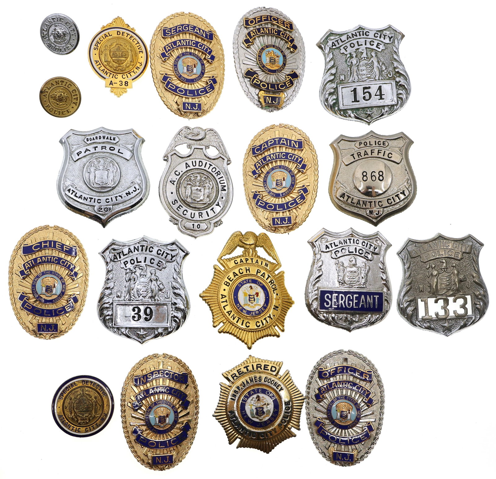 OBSOLETE ATLANTIC CITY NJ POLICE BADGES & BUTTONS: OBSOLETE ATLANTIC CITY NJ POLICE BADGES & BUTTONS 19 obsolete Atlantic City, New Jersey Law Enforcement and Police badges and buttons, including Chief, Sergeant, Officer, Inspector, Beach Patrol, Patr